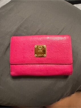 MCM Hot Pink Leather Fold Wallet with Gold Logo Plaque